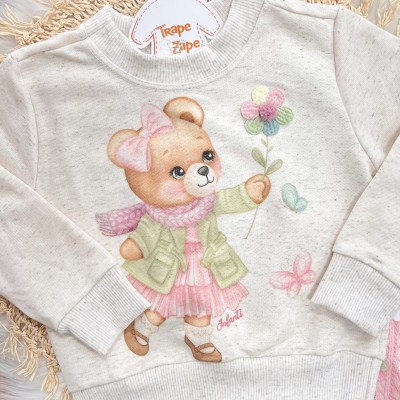 Conj. Casaco de Linha Ursinha com Flor de Crochê e Calça Legging - Areia e Rosa